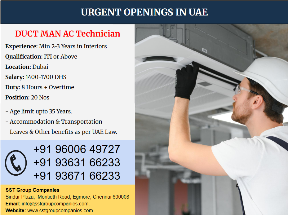 DUCT MAN AC Technician Jobs Openings in UAE DUCT MAN AC Technician Jobs Openings in UAE