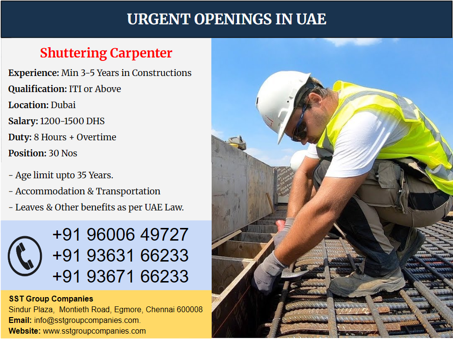 Shuttering Carpenter Jobs Openings in UAE Shuttering Carpenter Jobs Openings in UAE